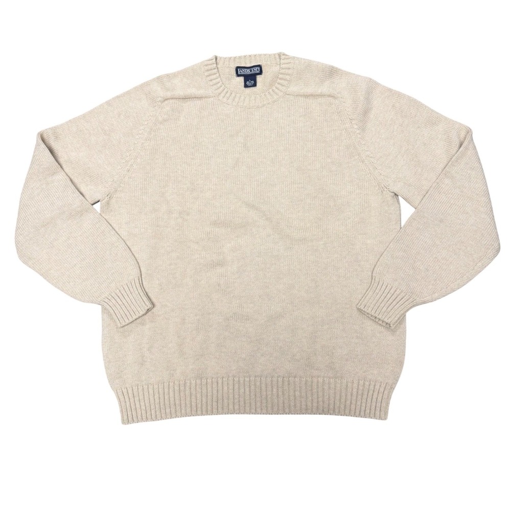 Lands End Mens Crewneck Sweater Large Beige Cotton Saddle Shoulder Japan Made